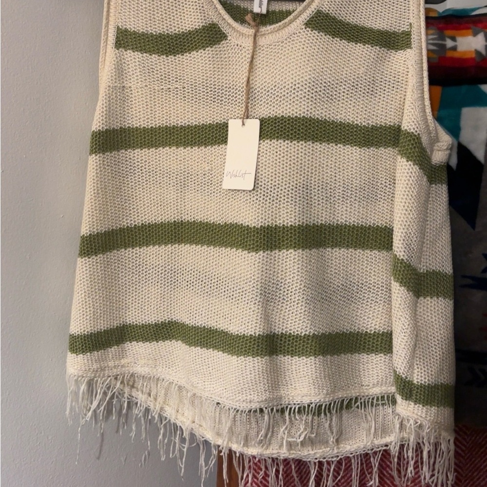 Cream and Green Striped Crop Top with Frayed Hem